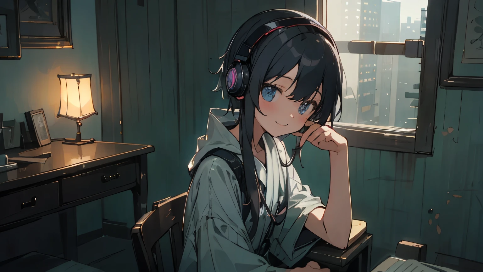 Studio Room, 都会のnight景、90s anime style, night, smile、Girl wearing headphones, late night room, Listening to music alone, City Pop, high quality, Detailed finger shapes、Natural finger shape、Lo-Fi, Chill, late night, Single room, Dark Room, futuristic night view outside the window, Dark Room