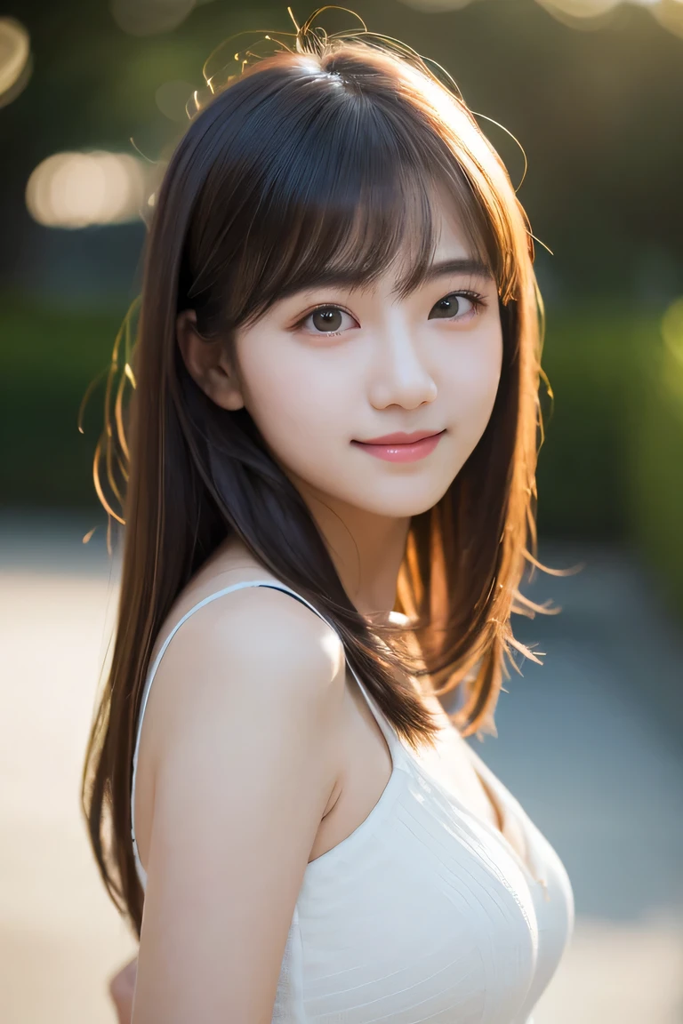 The body is turned towards the viewer, highest quality, 8K, 15 year old student, Ten generations, RAW photo, Completely naked、absurd, , smile, , alone, night, neon, , Biolace, gardenia, delicate girl, Upper body, Digital single-lens reflex camera, looking at the viewer, Frank, Sophisticated, , thin arms, professional lighting, film grain, chromatic aberration, (Eye and face details:1.0), (Bokeh:1.1), arms at sides, do not emphasize the top of the bust,