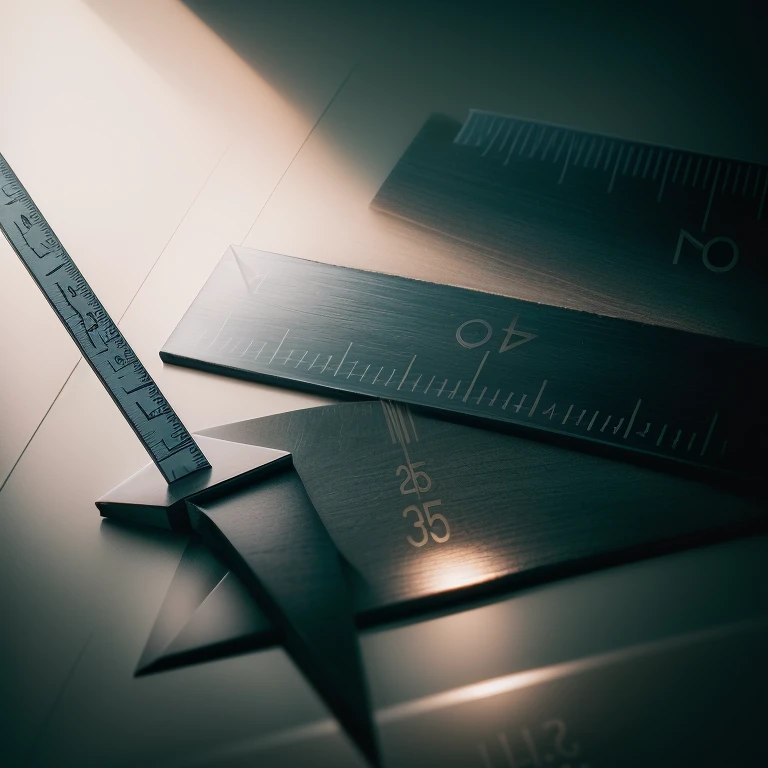 Close-up of a ruler and a ruler on a table, Low angle isosceles triangle composition, Detailed sharp photos, High depth of field, Low degree of freedom, Modern high sharpness photography, Thin degrees of freedom, 70mm photo, Close-up photo, Close-up photo, shot on 70mm, shot on 70 mm, shot on 7 0 mm
