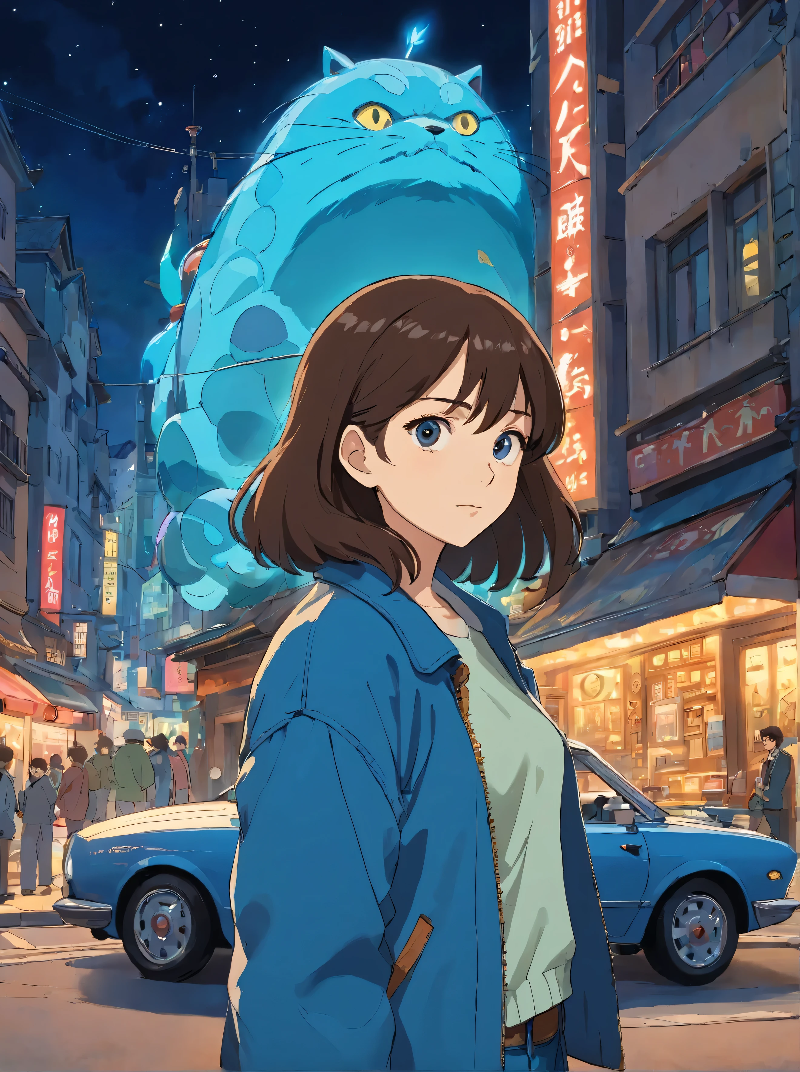 A beautiful woman stands in front of a car-shaped time machine. The woman has dark brown hair and is wearing a jacket and blue jeans. The location is a city at night.