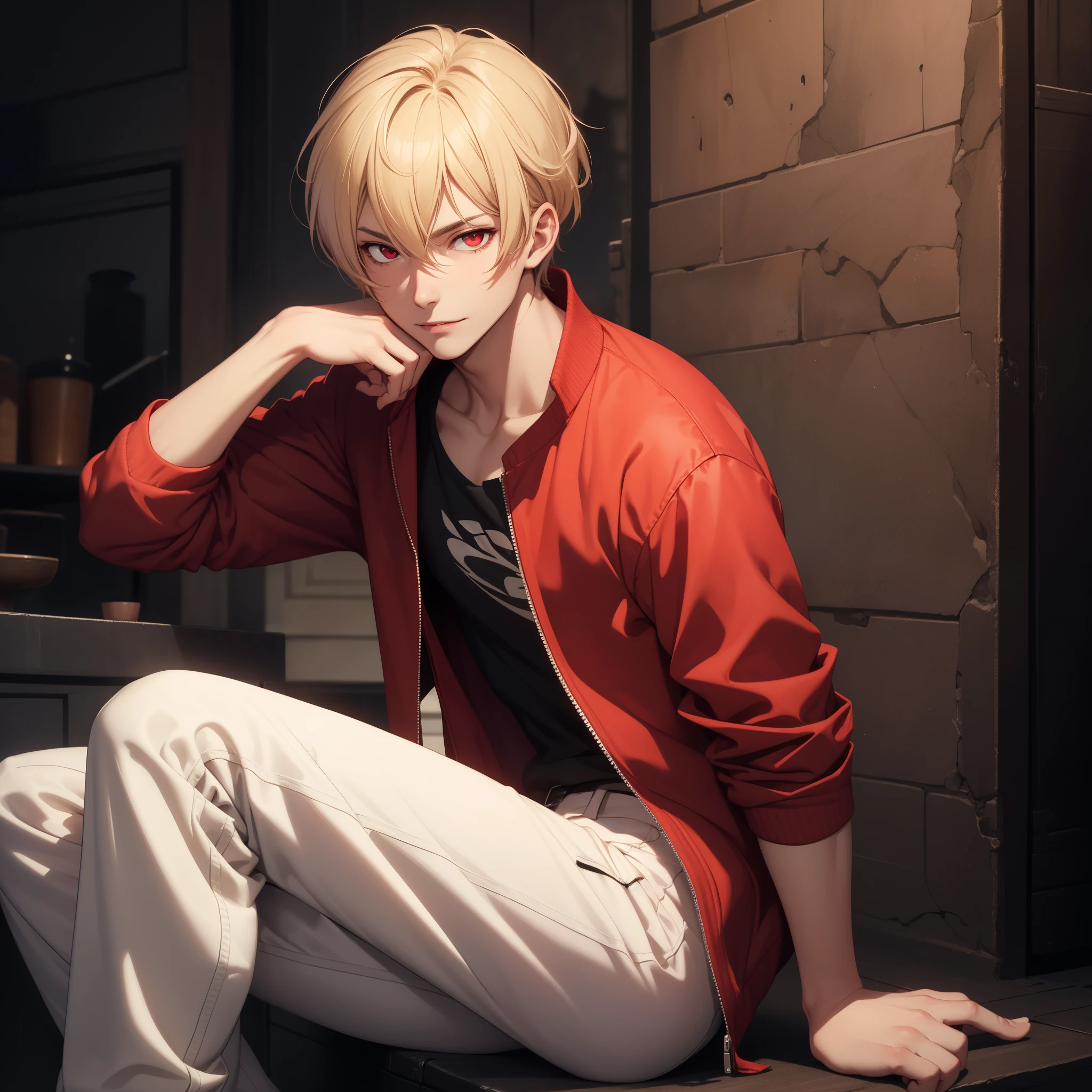 portrait, digital art, 4k, one 26 year old male vampire, casual, lean body, red eyes, short medium blonde hair, happy, kind, dark background, full body picture, Sitting, slightly tanned