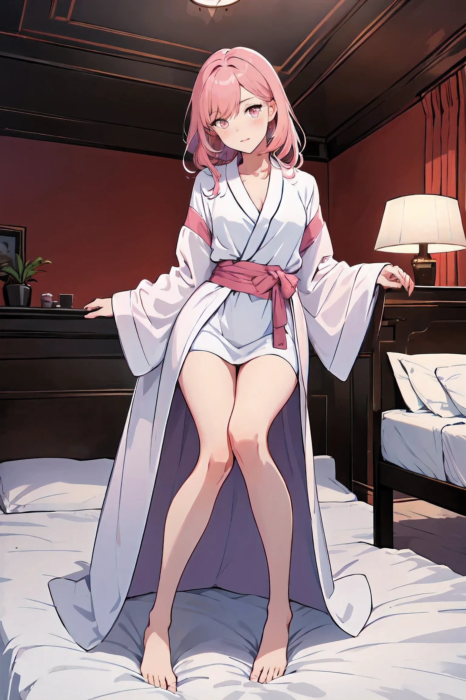 hotel_bed_room,lying_on_bed,night,from_below,bathrobe best quality,full body,cute face,detailed skin,detailed beautiful face and eyes,1girl,UHR,slender waist,constricted waist,good anatomy,pink hair