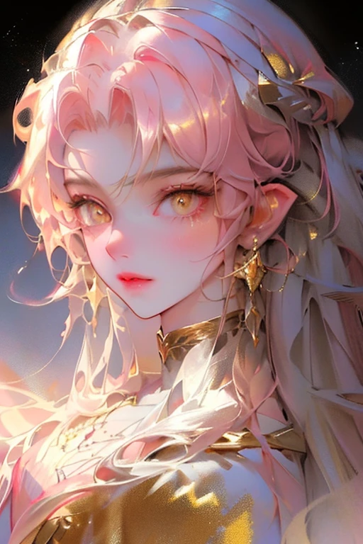 masterpiece, High resolution, highest quality, Very detailed, wallpaper, work, Brush strokes, Pointy Ears, Yellow Eyes, slit pupils, Beautiful woman, Wearing a gorgeous dress, Shiny, silky pink hair, Shining arcs and metallic strands of light on the frozen surface of a lake, Movie poster style and high definition top view photography