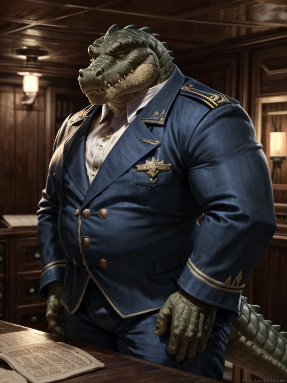 Crocodile,Laketon,uncle,male,Mature man,Strong and fat,Place your hands at your sides,Navy Captain,Blue suit(Navy Captain),night,captain room of ship(Detailed background:1.2),High Detail, Film Photography, Original Video, Practical, Analog style, best quality, ultra Practical, 8k, (author:Fiddler Tarrant),