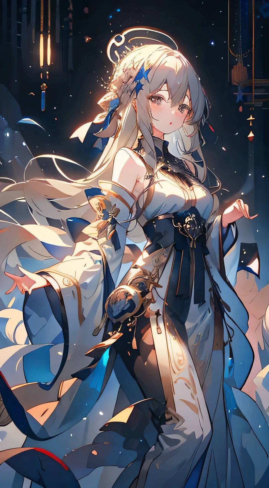 Anime girl in a white dress with angel wings and a halo, Gray-haired deity, pixiv artstationのguweiz, artstation pixivでトレンド, Gray-haired, ArtStation PixivのGuweiz, Beautiful anime portraits, Digital art on pixiv, Detailed digital anime art, Gray-haired girl, Silver Haired Girl, perfect Gray-haired girl