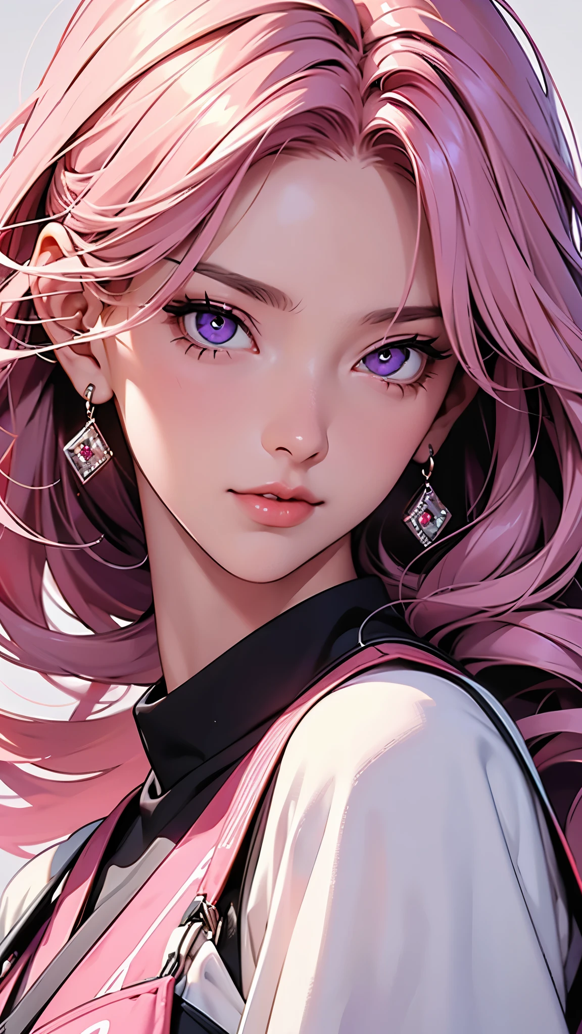 (Best quality at best,8K,A high resolution,tmasterpiece:1.2),Digital artwork, one girl，detailed face，detailed eyes，pink hair，long straight hair，glowing purple  eyes，red lip，Suspenders