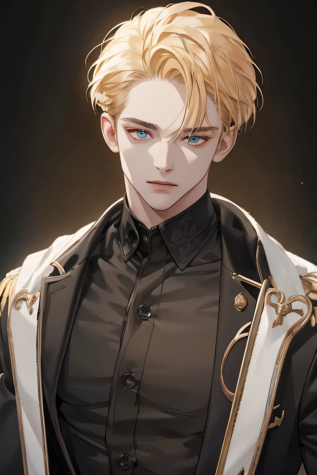 (tmasterpiece, high resolution, ultra - detailed:1.0), 1boy, Perfect male body, Eyes look at the camera, (short golden hair, forehead , Black shirt, black 3-piece-suit,closed mouth, color difference, Depth of field, dramatic shadow, Ray tracing, Best quality, Portrait,Extremely detailed CG, 8k wallpaper, carolina eyes, half body perfect