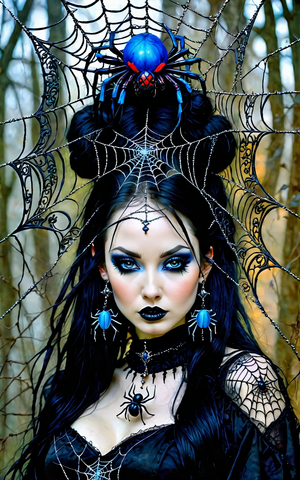 a woman with a spider web on her head, a photorealistic painting inspired by Luis Royo and David Choe, tumblr, gothic art, pale skin and dark eyes, with long hair and piercing eyes, cute face. dark fantasy, black hair and large eyes, dark piercing eyes, dark goth queen with blue eyes, wonderful dark hair, with haunted eyes and dark hair, photo realistic