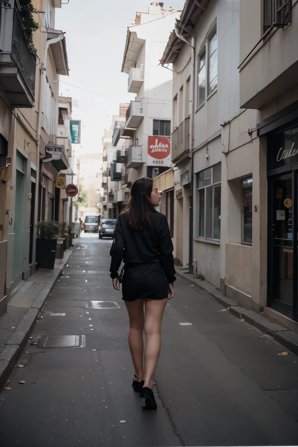 fotografia polaroid de una calle desierta con un pasacalle que diga "dame la mano y veni"