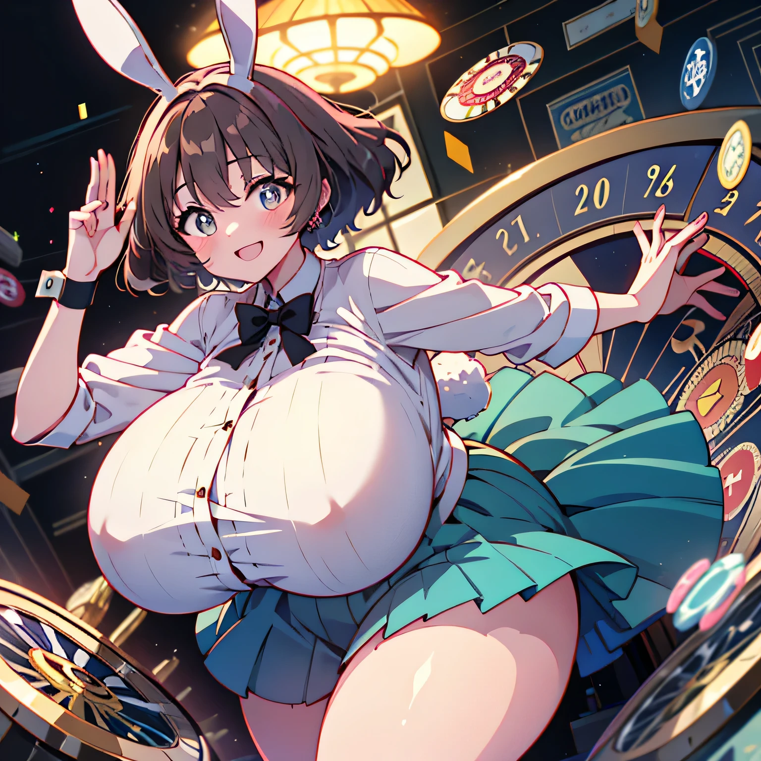 Anime illustration、highest quality、cyber punk、Otherworldly fantasy、Alice in Wonderland、Luxury Casino、A plump bunny girl with brown skin、Giant roulette wheel、Bunny ears、Perfect proportions、Big Breasts、Thick legs、Beautiful, shining eyes、smile