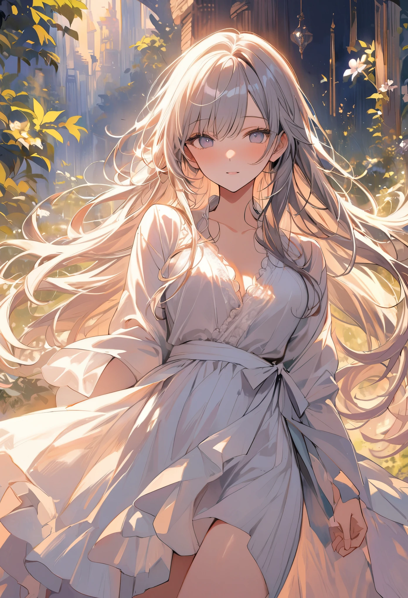 girl, Enveloped in a dreamlike, otherworldly atmosphere, Silver Hair，Hair gets wrapped in the wind, Long Hair, happiness, Pure, Realistic, Detailed Background, (masterpiece, highest quality, Perfect composition, so beautiful, Absurd, Very detailed, Intricate details, Professional, Official Art, Representative works:1.3), (Animajin:0.01)