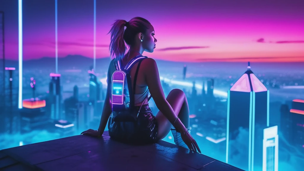 A futuristic realistic image of a girl sitting on top of a building, looking at neon city full of vapor wave smoke