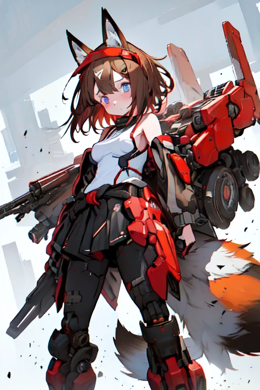 masterpiece, Complex, Anime Style, whole body, One girl, raccoon, Raccoon Girl, Raccoon Ears, 1 tail, Fluffy tail, Raccoon Tail, Brown and light brown ringed tail, Blurred red and blue eyes, short hair, Red inner hair, Brown Hair, Hair on the left side, Red Hairband, In a short black shirt that exposed his shoulders、Black mesh with black trim to collar。, Polo shirt, Short black skirt with dark red check pattern, Black belt around the waist, View your viewers, highest quality, 4K,High resolution, Professional art, Professional drawing, Professional line art, Outline marker