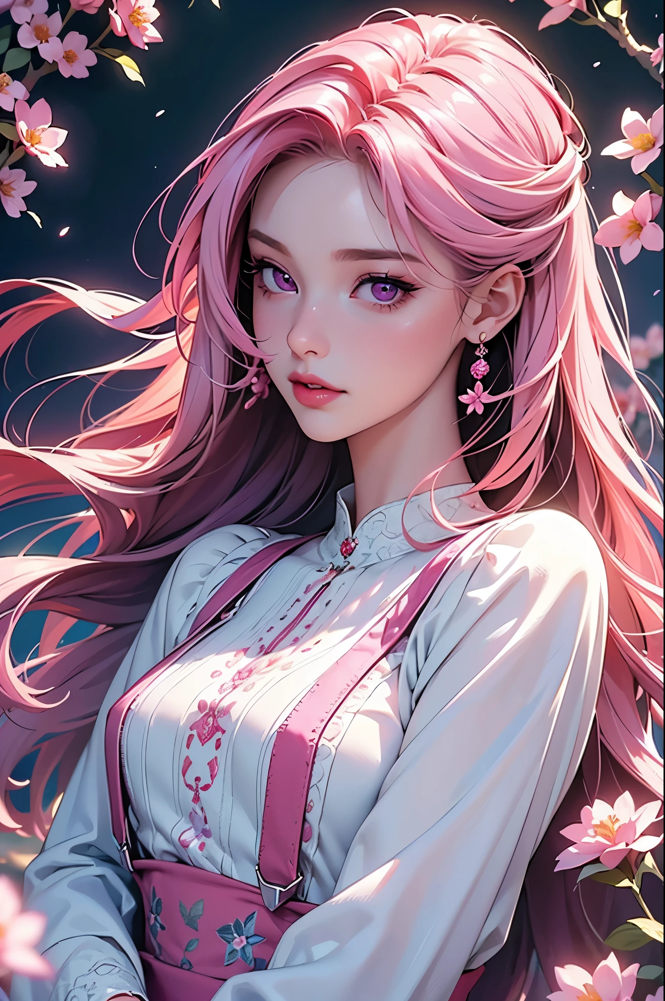 (best quality at best, 8K, a high resolution, masterpiece:1.2), digital artwork, one girl, detailed face, detailed eyes, pink hair, long straight hair, glowing purple eyes, red lips, suspenders, fantasy landscape, vibrant colors, soft lighting, whimsical atmosphere, blooming flowers, flowing dress, delicate details, ethereal background, dreamy aura