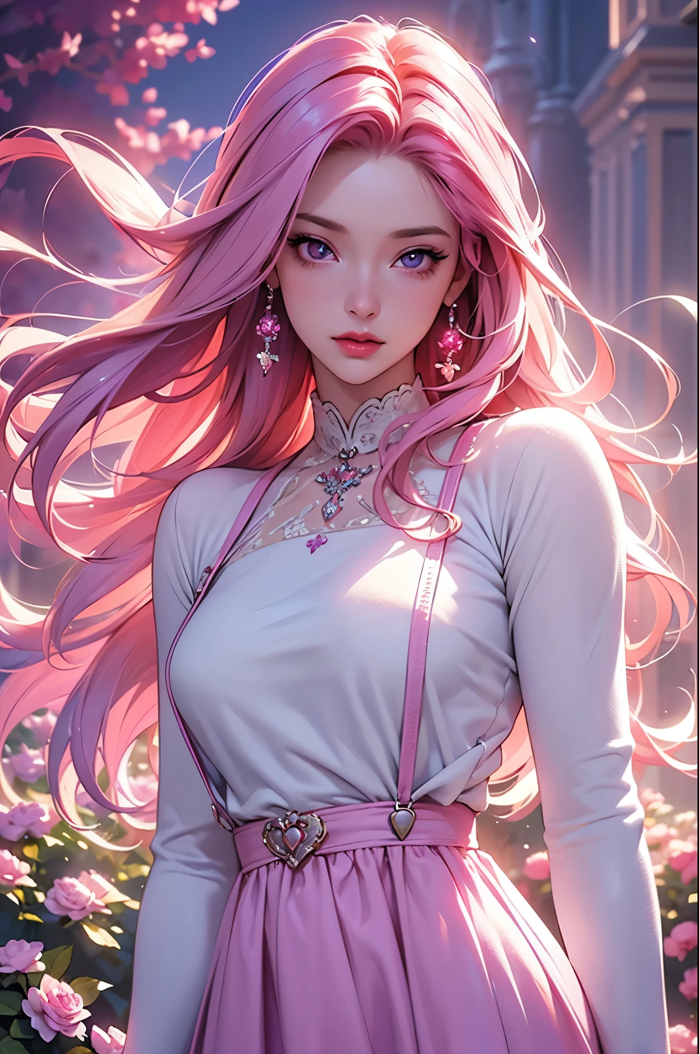 (best quality at best, 8K, a high resolution, masterpiece:1.2), digital artwork, one girl, detailed face, detailed eyes, pink hair, long straight hair, glowing purple eyes, red lips, suspenders, fantasy landscape, vibrant colors, soft lighting, whimsical atmosphere, blooming flowers, flowing dress, delicate details, ethereal background, dreamy aura