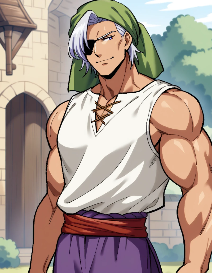 1man, muscular mature, pirate, green headscarf, gray hair, headscarf with asymmetrical bangs, blue 1eye, black eyepatch, short hair, tanned skin, tough, ordinary, forehead, BREAK solo, red waist cloth, purple arabian pants, white sleeveless shirt, loose fitting shirt, tented shirt, medieval, soft smile, in jrpg style, 1990s, VHS quality, masterpiece, best quality