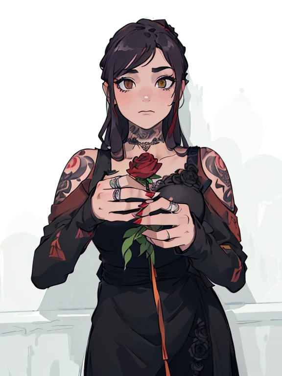 There is a woman with tattoos holding a rose in her hands, holding a red rose, a black rose, holding a rose in one hand. She is the queen of black roses, wearing a gothic dress, holding a flower, black roses, gothic!! Red rose in hair, with tattoos, red rose, rose tattoo, with piercing on mouth.