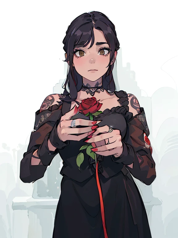 There is a woman with tattoos holding a rose in her hands, holding a red rose, a black rose, holding a rose in one hand. She is the queen of black roses, wearing a gothic dress, holding a flower, black roses, gothic!! Red rose in hair, with tattoos, red rose, rose tattoo, with piercing on mouth.