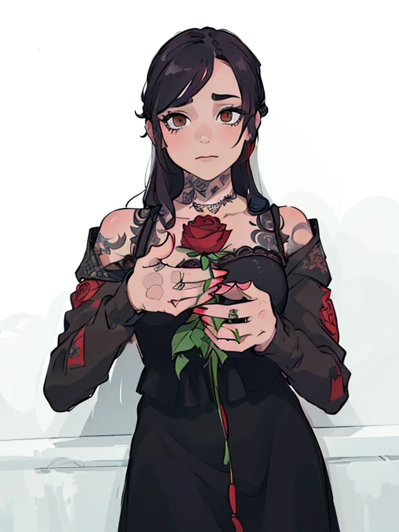 There is a woman with tattoos holding a rose in her hands, holding a red rose, a black rose, holding a rose in one hand. She is the queen of black roses, wearing a gothic dress, holding a flower, black roses, gothic!! Red rose in hair, with tattoos, red rose, rose tattoo, with piercing on mouth.