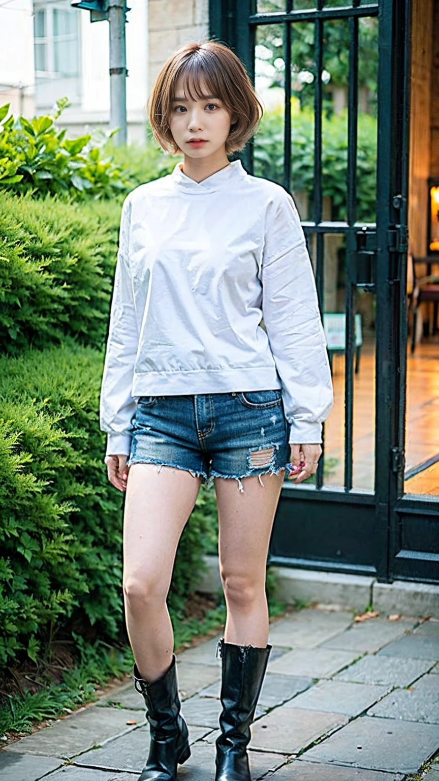 (8k、RAW Photos、highest quality、masterpiece:1.2)、(Realistic、Realistic)、1 girl、((Black shorts、Large Breasts、short hair、 body、View from the front、garden、boots、Standing))、Lots of eyelashes、Glowing eyelids、skeletally correct