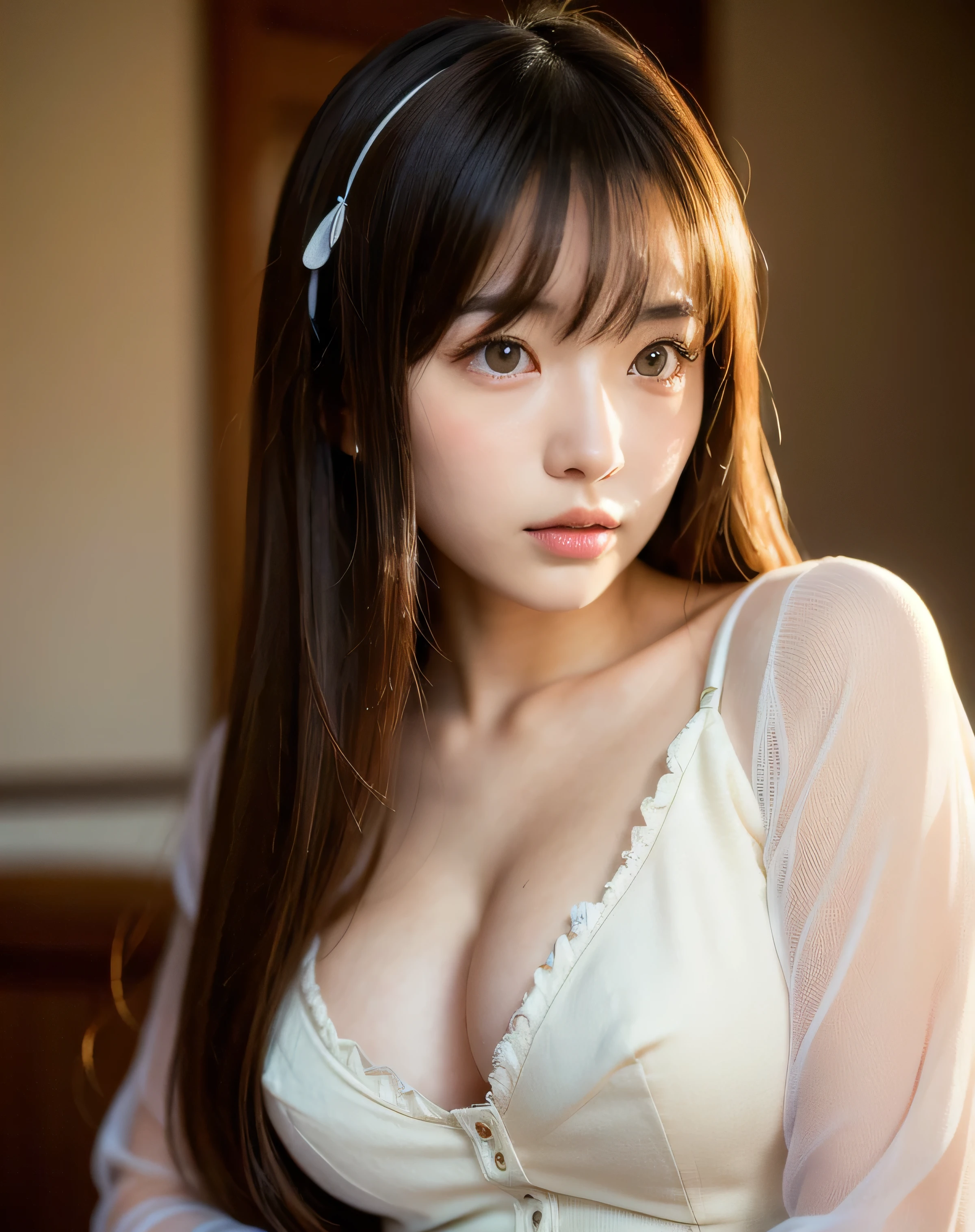 best quality, face focus, soft light, ultra high res, (photorealistic:1.4), RAW photo,
1japanese girl, solo, cute, (pupil, lights in the eyes),  detailed beautiful face, (small chest),(high resolution detail of human skin texture),
(long hair),
indoor,
Damask Shirt Dress,
(portrait)