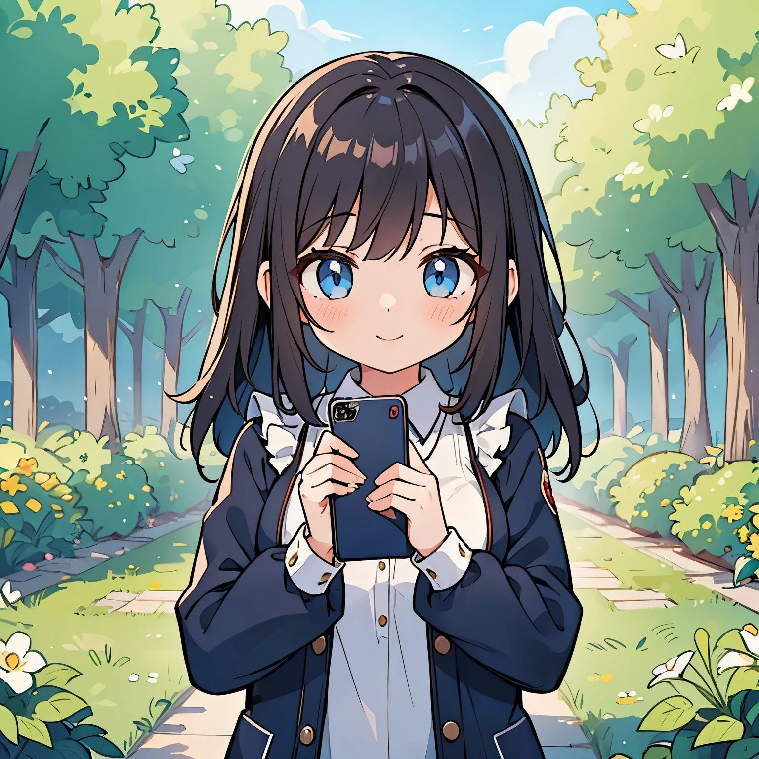 (((A girl holding a smartphone in both hands))),Blue Eyes,Thin dark hair,Open your mouth, A sloppy smile, Esbian all over,garden,(Highest quality, In 8K, masterpiece, Ultra-detailed)