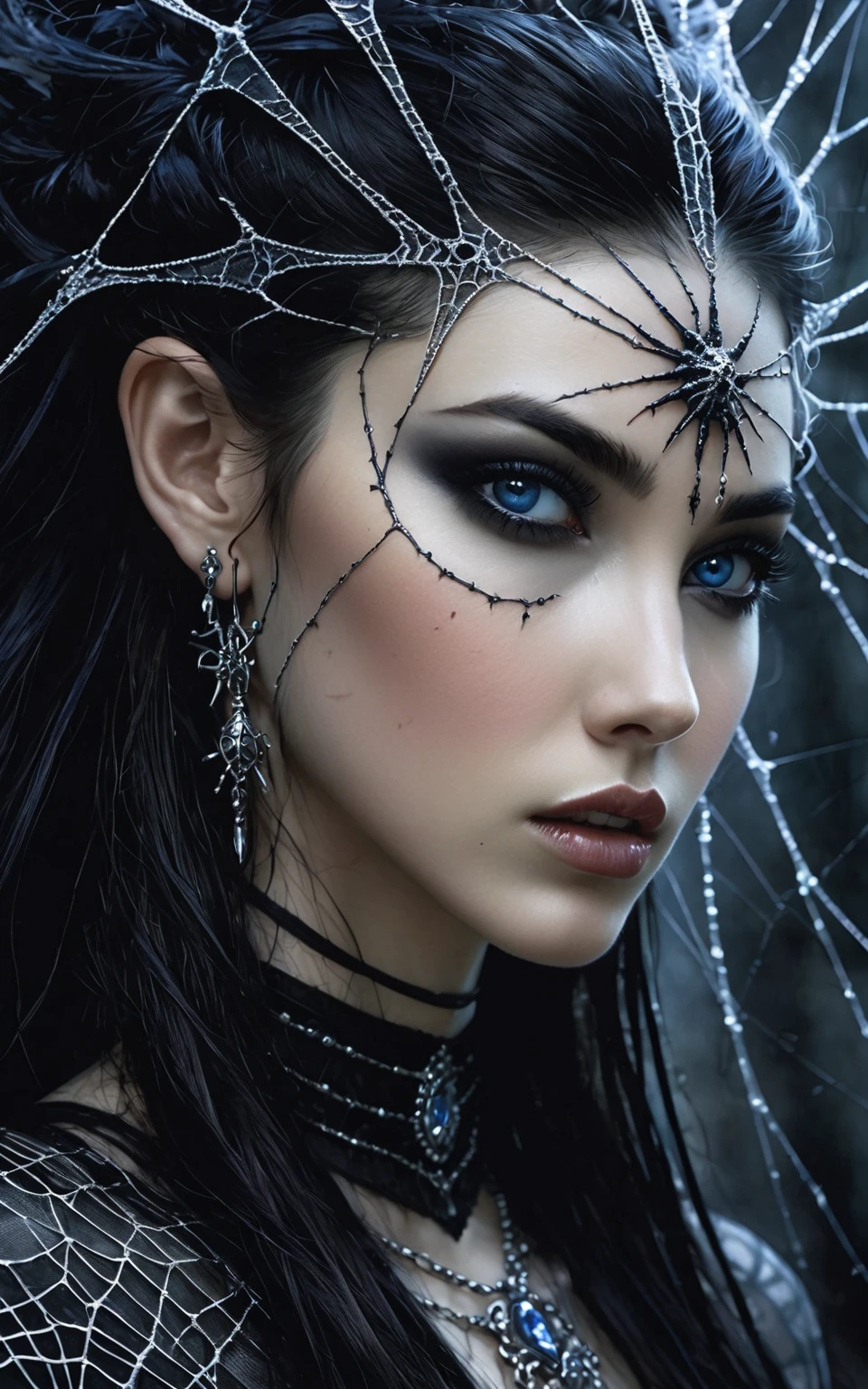 a close up of a woman with a spider web on her head, a photorealistic painting inspired by Luis Royo and David Choe, tumblr, gothic art, pale skin and dark eyes, with long hair and piercing eyes, cute face. dark fantasy, black hair and large eyes, dark piercing eyes, dark goth queen with blue eyes, wonderful dark hair, with haunted eyes and dark hair, photo realistic