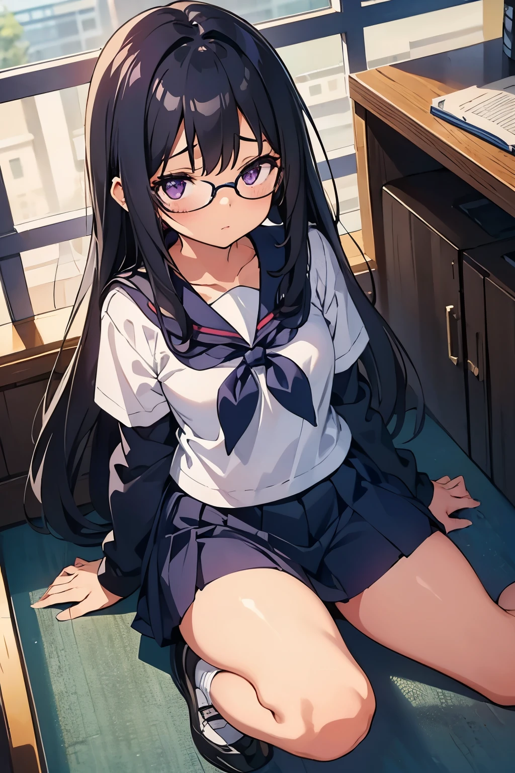 Elementary school girl　8-year-old　Flat Chest　Black Hair　Long Hair　Purple eyes　1 person　Glasses　Short-sleeved sailor suit　Navy blue mini skirt　White panties　White socks　sneakers　School Library　Crouching　Dynamic Angle　Low Angle