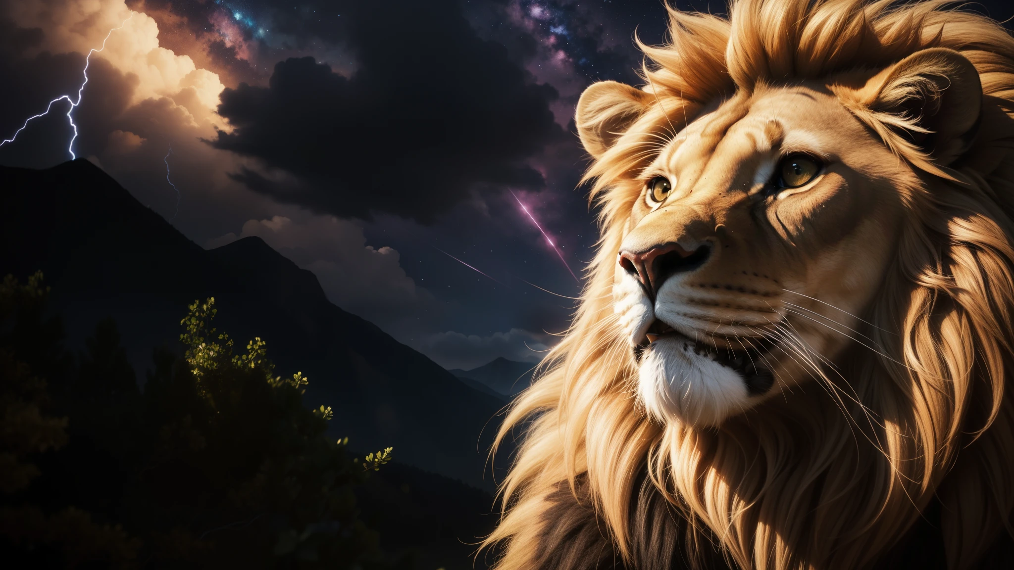 lion, Divine Lion, Majestic, Lindo, Fogo, Eletricidade, Thunders, Sky Thunders, Stars, Fotorrealista 6K, UltraHD Detalhada, Cores detalhadas 8K, lion Elegante, Sol, Estrelas, Raios, heavens, Divine Sky, tempestade, Towards the heavens, celestial, divino, Fotorrealista, Rendering, 4K, 8k, texturas detalhadas, sombras detalhadas, decente, cores detalhadas, Gods Sky, Detalhes UltraHD 16K, Texturas fotorrealistas 16K, Nitidez Detalhada 16K, Nitidez Detalhada, Cores detalhadas, Sombras realistas, Texturas Ultra realista, High Power, Natural Beleza, Cores Naturais, Contraste realista, Texturas Fotorrealistas, cores detalhadas, cores realistas, sombras detalhadas, Rosto Luminoso, Eletricidade, Rosto detalhado 4K, Ultra detalhado, contraste realista de 8k, nitidez detalhada, cores Ultra HD, elegante,