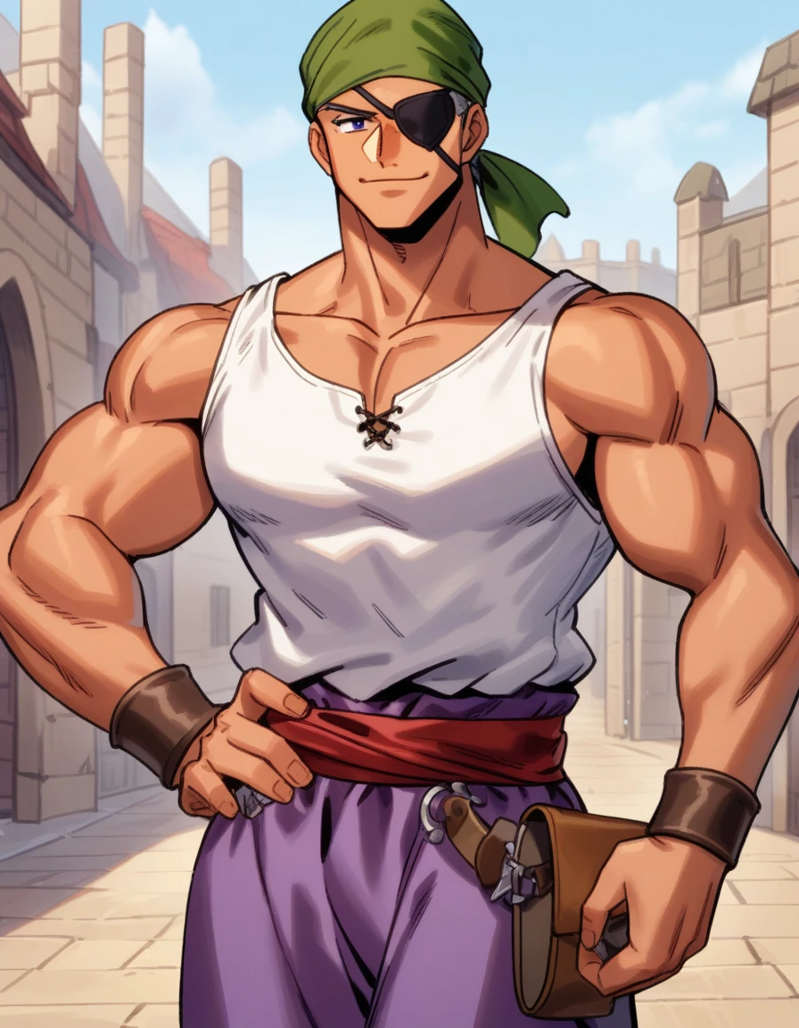 1man, muscular mature, pirate, green headscarf, gray hair, headscarf with asymmetrical bangs, blue 1eye, black eyepatch, short hair, tanned skin, tough, ordinary, forehead, solo, red waist cloth, purple arabian pants, white sleeveless shirt, loose fitting shirt, tented shirt, medieval, soft smile, in jrpg style, visual novel, 1990s, VHS quality, masterpiece, best quality