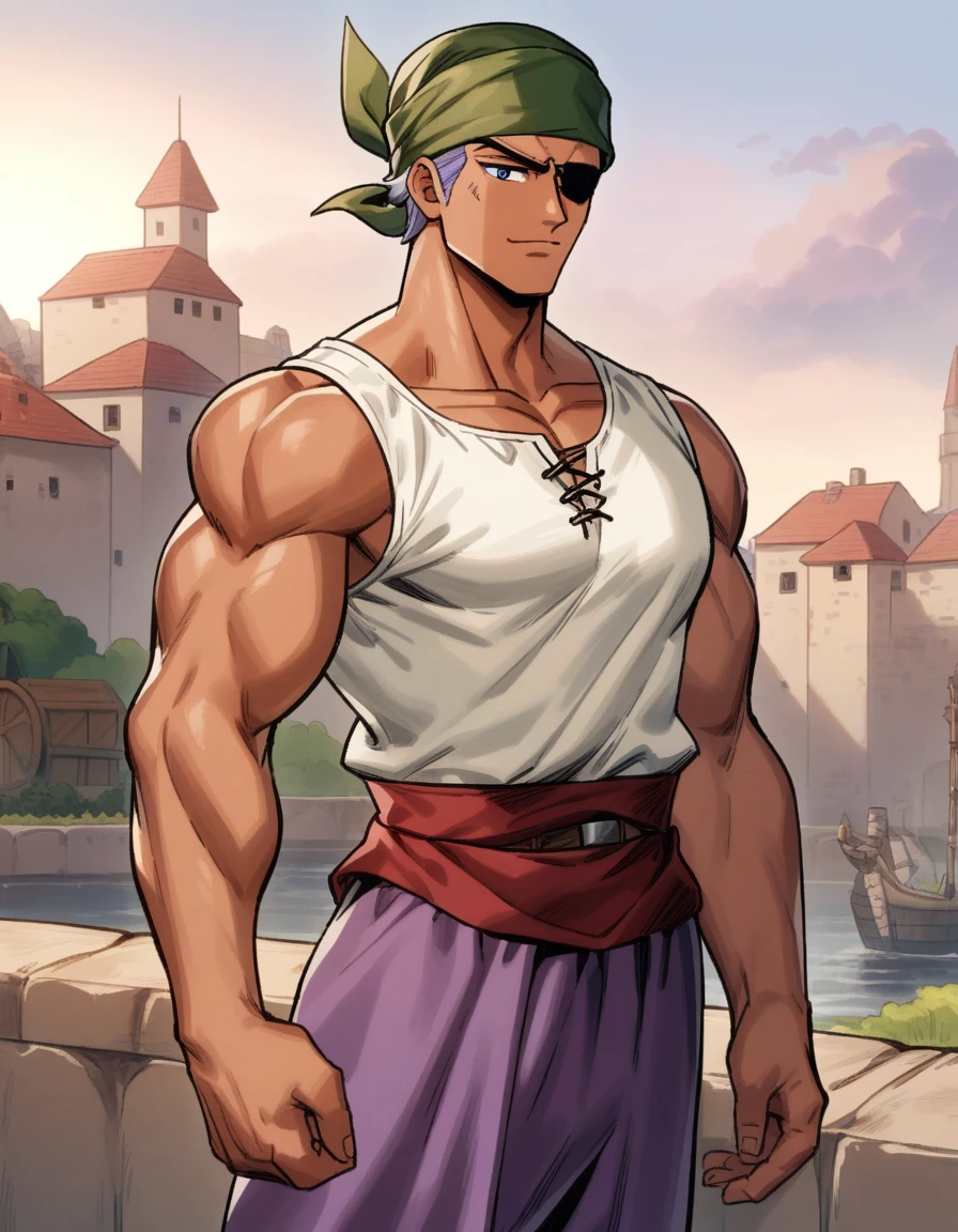 1man, muscular mature, pirate, green headscarf, gray hair, headscarf with asymmetrical bangs, blue 1eye, black eyepatch, short hair, tanned skin, tough, ordinary, forehead, solo, red waist cloth, purple arabian pants, white sleeveless shirt, loose fitting shirt, tented shirt, medieval, soft smile, in jrpg style, visual novel, 1990s, VHS quality, masterpiece, best quality