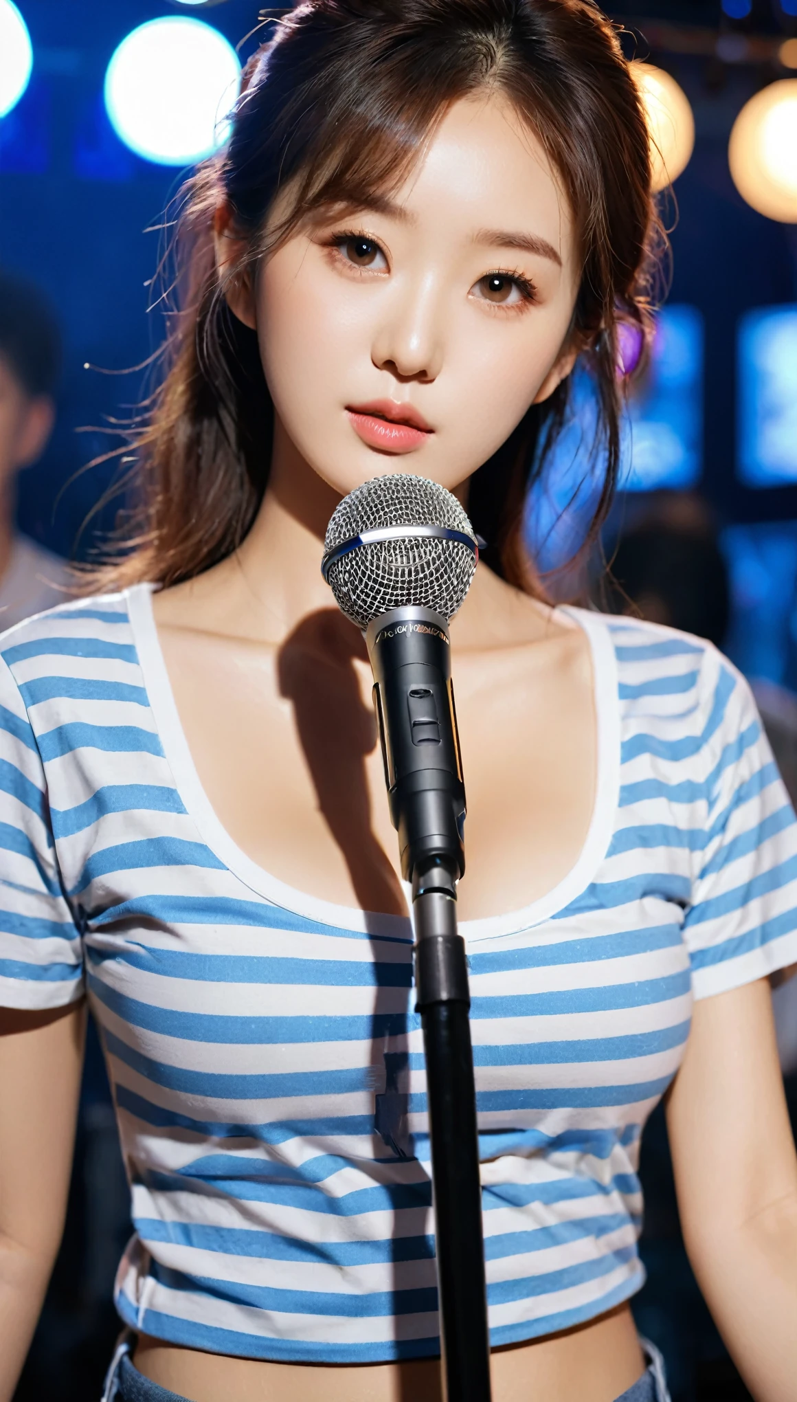 close-up of beautiful korean female, 34 inches breasts size, wearing striped t-shirt, jeans pants, holding microphone in the club, UHD