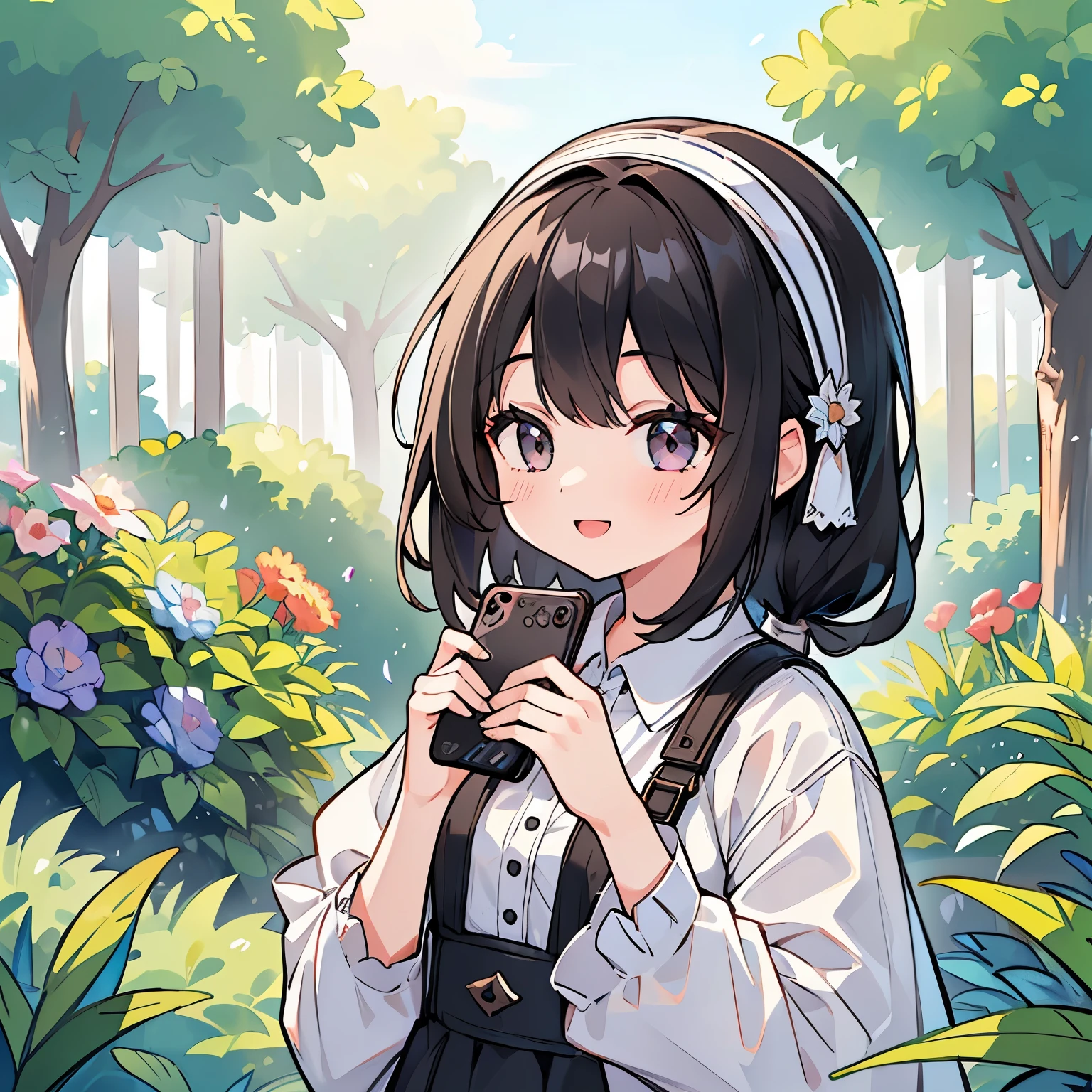 (((A girl holding a smartphone in both hands))),(((Black Hair))),Open your mouth, A sloppy smile, Esbian all over,garden,(Highest quality, In 8K, masterpiece, Ultra-detailed)