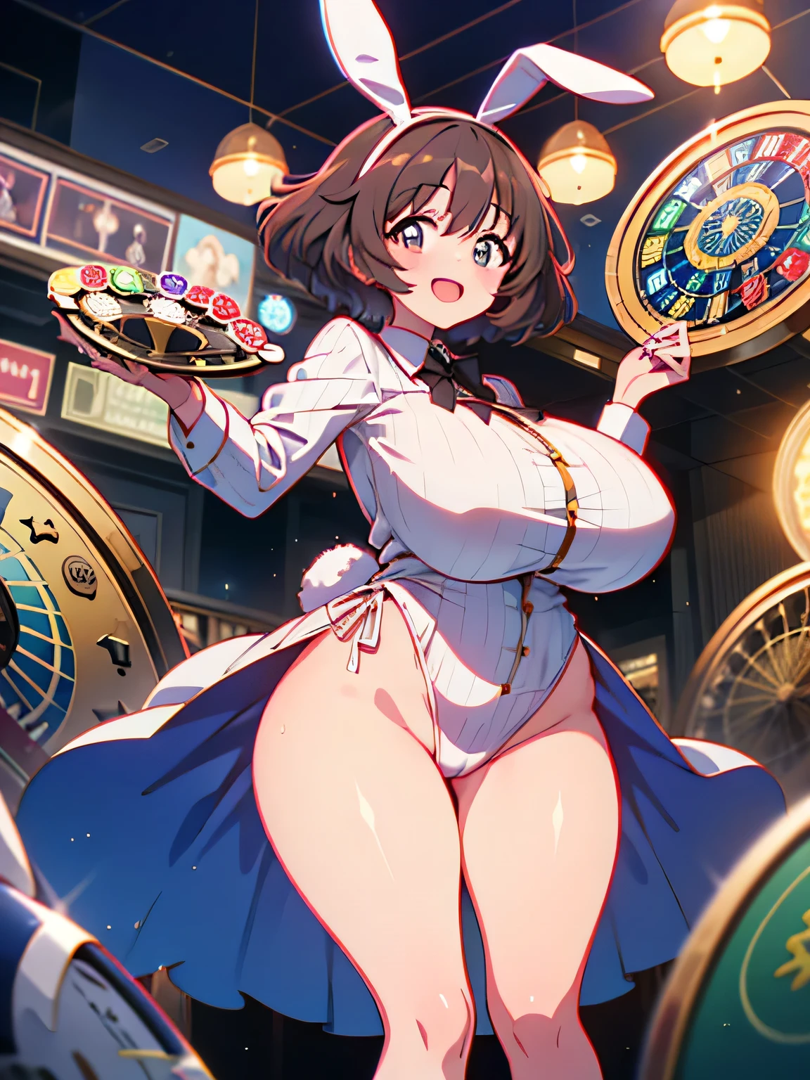 Anime illustration、highest quality、cyber punk、Fantasy、Alice in Wonderland、Luxury Casino、A plump bunny girl with brown skin、Giant roulette wheel、Bunny ears、Perfect proportions、Big Breasts、Thick legs、Beautiful, shining eyes、smile
