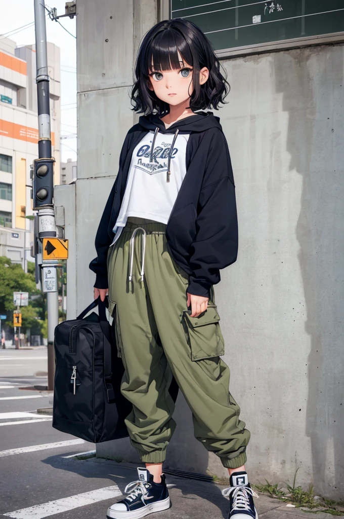 ({Mia},1girl,tween,beautiful detailed face,(navy hair),(wavy-short hair),parallel eyebrows,navy eyes with large brown irises,blunt bangs,small nose, fresh lips,small chin,slender,small breasts,small hip,(5feet tall)),
very happy,
BREAK Oversized hemp blend hoodie,tapered organic cotton cargo pants,recycled rubber high-top sneakers,upcycled canvas crossbody bag,sustainable horn cuff bracelet,,downtown of tokyo,