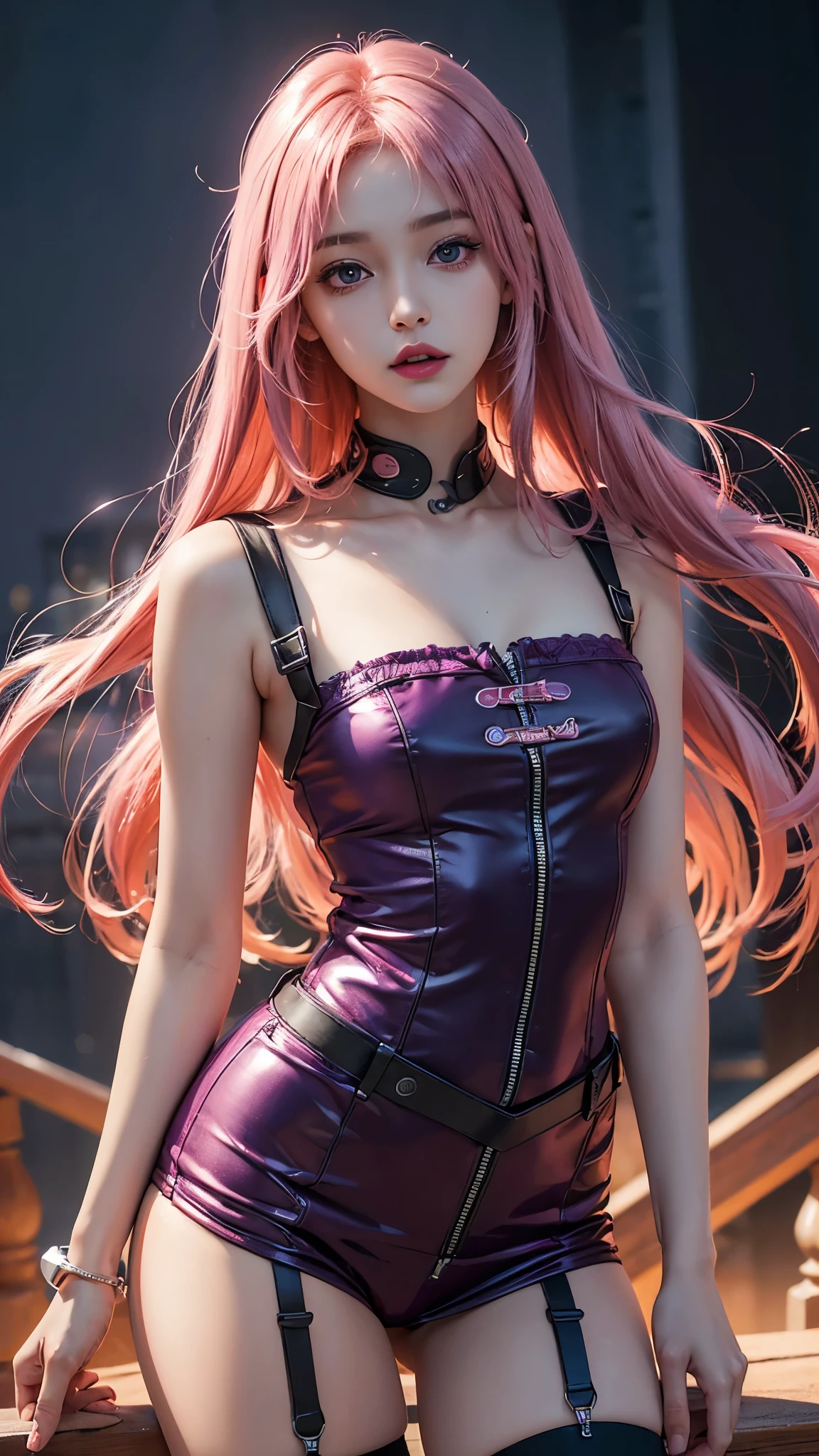 (Best quality at best,8K,A high resolution,tmasterpiece:1.2),Digital artwork, one girl,detailed face,detailed eyes,pink hair,long straight hair,glowing purple eyes,red lip,Suspenders