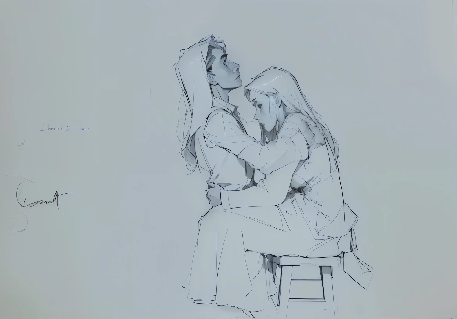 Drawing of a man and a woman sitting on stools, author Glen Keane, Concept Art, inspired author Glen Keane, Disney 2D animation stills, Disney Animation Ink, Disney 2D traditional animation, disney concept art, Emotional Concept Art, Disney style art, disney animation style, disney concept artists, author:Vladimir Nowak