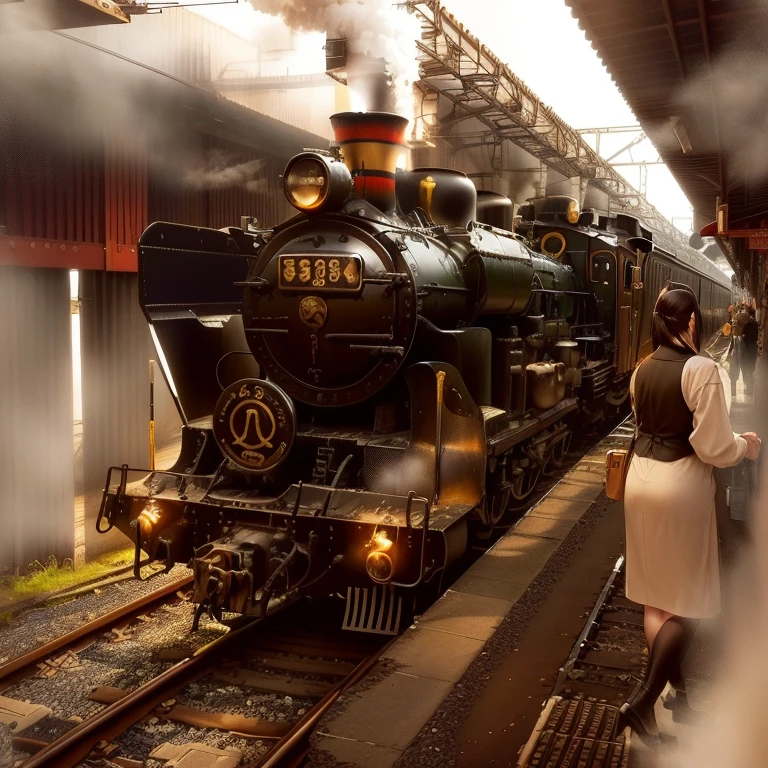 there is a woman standing next to a train on the tracks, steam train, Steam engine, train, Beasts, Locomotive, gothic Locomotive, White steam on the side, 8k!!, Chung-ch'u-hsien, iPhone Capture, In such a way, Large engine, good day, steam trains, by Yasushi Sugiyama, Taken with iPhone