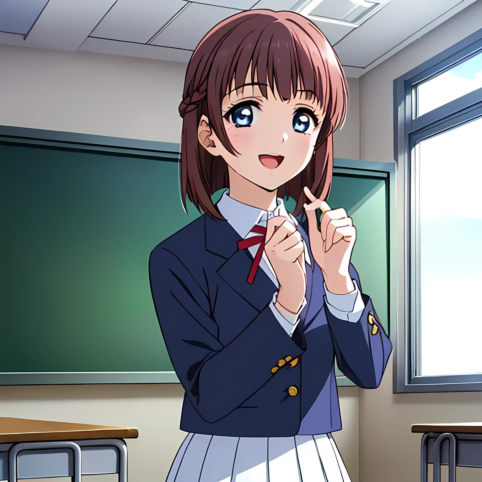 highest quality, (masterpiece:1.2), Very detailed, (((Very beautiful girl in school uniform1A fashion model is looking at the camera and asking the viewer))), (((Brown and very shiny short bob hair))), ((Navy blue blazer)), ((Navy blue pleated long skirt)), ((((Very beautiful and shining eyes)))), ((Very long eyelashes)), A large crimson ribbon on the chest, ((An elegant expression like a noble princess)), (((A beautiful and enchanting smile))), Small face and great posture, ((Heavenly happiness)), (((The background is a school classroom with the wind blowing))), ((Very intelligent face)), ((Anime heroine smiling and open mouth))