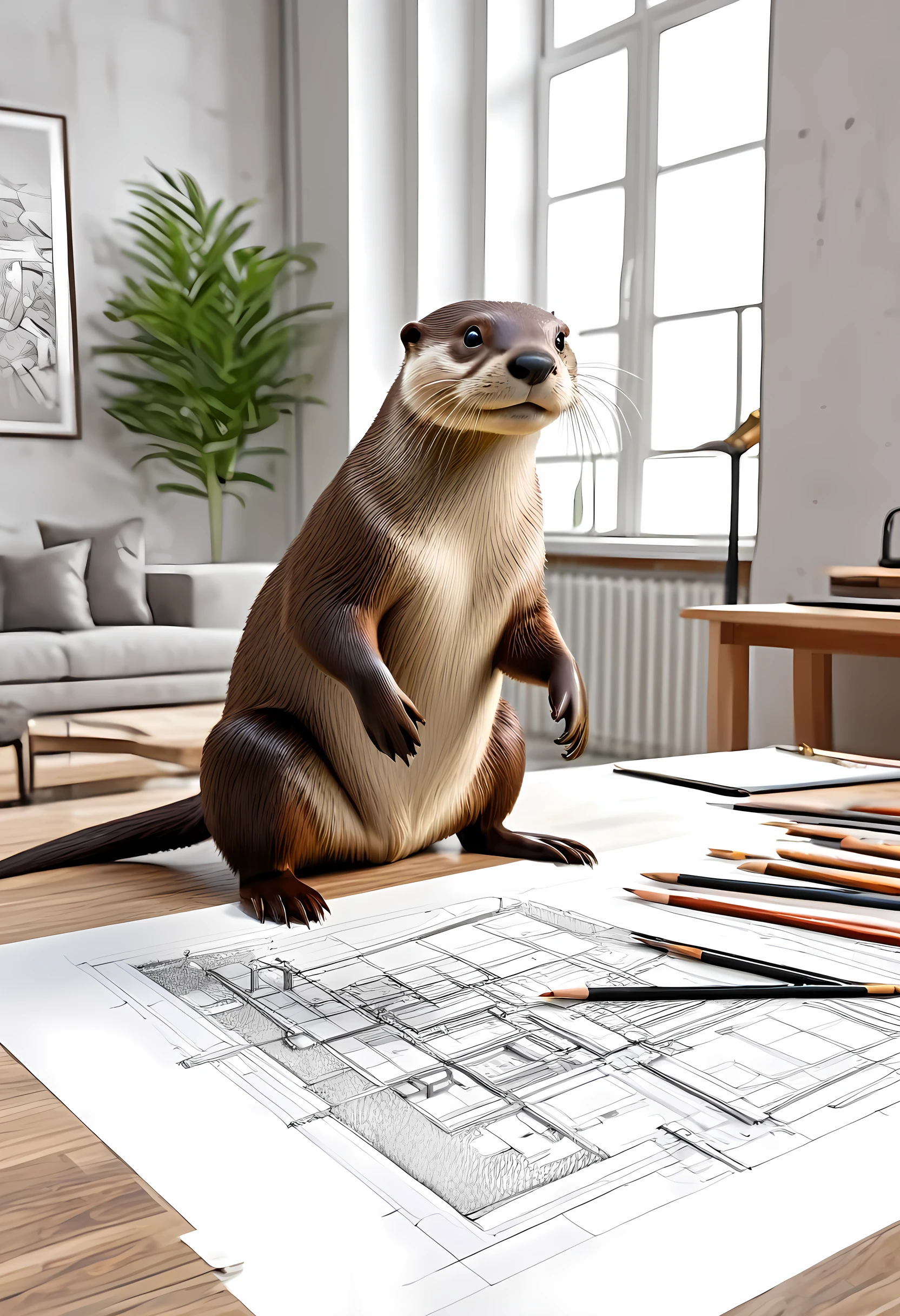 a picture, of an anthomorph otter sitting near drawing table planning a building, modern architect drawing room background, best quality, 16k, [ultra detailed], masterpiece, best quality, (ultra detailed), full body, ultra wide shot, photorealism