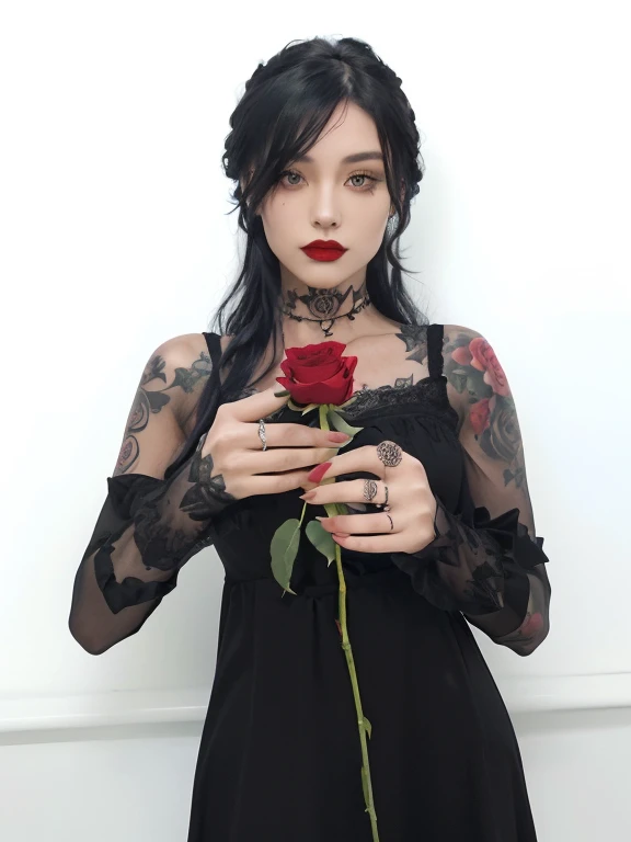 There is a woman with tattoos holding a rose in her hands, holding a red rose, a black rose, holding a rose in one hand. She is the queen of black roses, wearing a gothic dress, holding a flower, black roses, gothic!! Red rose in hair, with tattoos, red rose, rose tattoo, with piercing on mouth..