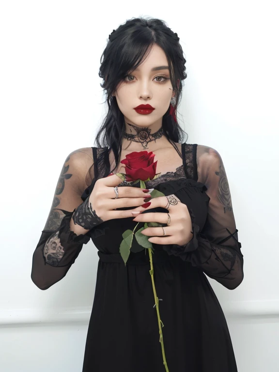 There is a woman with tattoos holding a rose in her hands, holding a red rose, a black rose, holding a rose in one hand. She is the queen of black roses, wearing a gothic dress, holding a flower, black roses, gothic!! Red rose in hair, with tattoos, red rose, rose tattoo, with piercing on mouth..