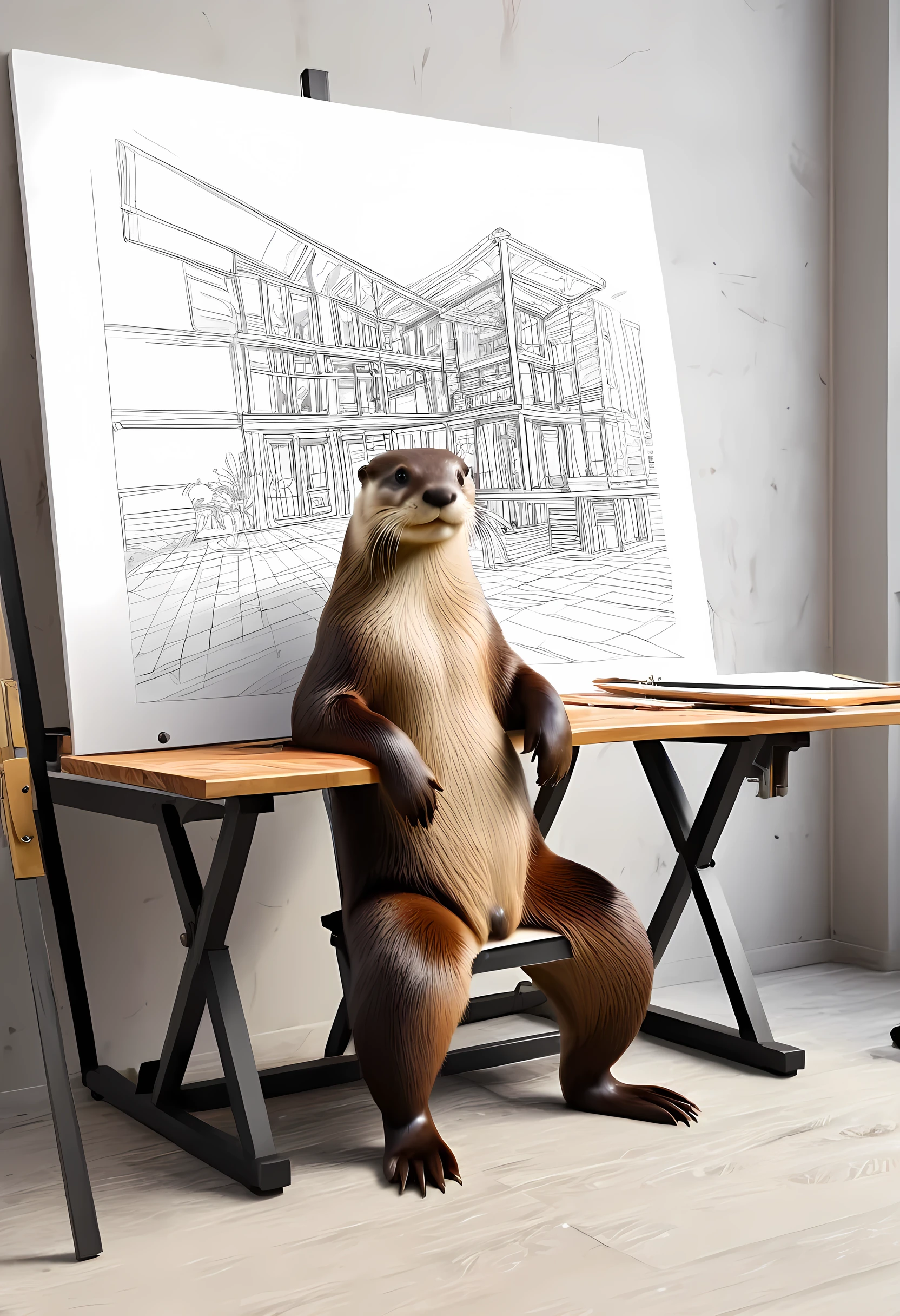 a picture, of an anthomorph otter sitting near drawing table planning a building, modern architect drawing room background, best quality, 16k, [ultra detailed], masterpiece, best quality, (ultra detailed), full body, ultra wide shot, photorealism
