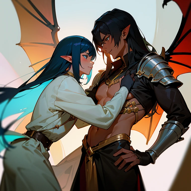 Interracial comple gey, A Human knight in shining armor without a helmet on a, black horse, attractive young man, blue eyes, jet black hair, white skin Caucico is a protective boyfriend. His partner is a magical creature half black elf and half dragon with pointed ears, golden eyes, fantasy blue hair, tanned brown skin and dragon wings on the torso, androgynous, man with feminine features, wearing sexy fantasy medieval tunic, homosexual, couple men, boy x boy love, interracial, lgbt+ and medieval fantasy