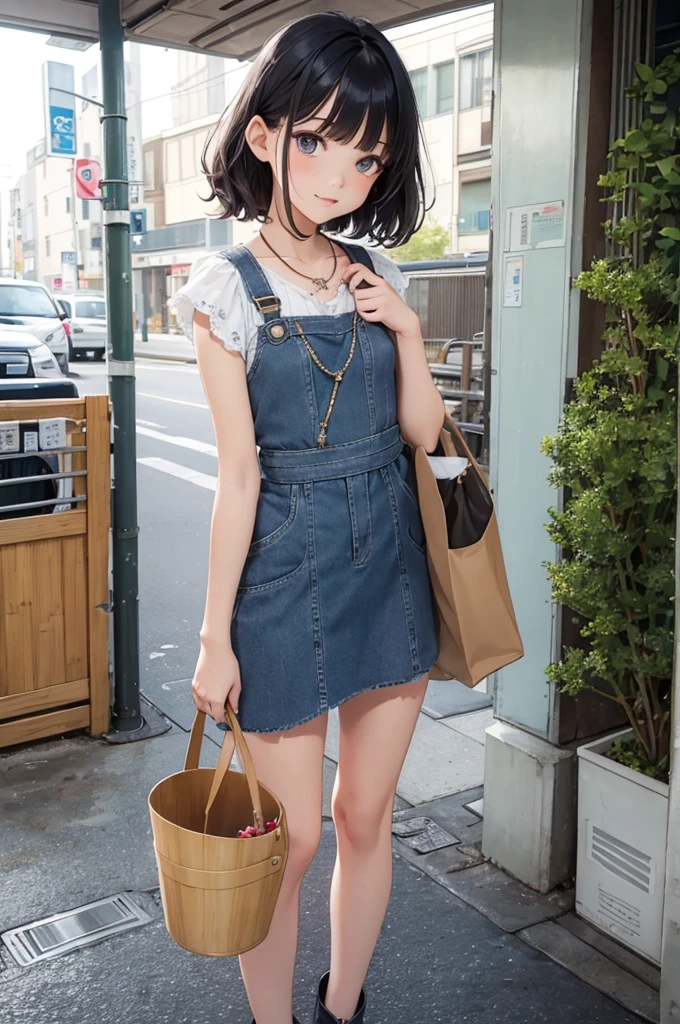 ({Mia},1girl,tween,beautiful detailed face,(navy hair),(wavy-short hair),parallel eyebrows,navy eyes with large brown irises,blunt bangs,small nose, fresh lips,small chin,slender,small breasts,small hip,(5feet tall)),
very happy,
BREAK Flowy organic linen sundress,Tencel lyocell denim vest,vegan patent leather ankle boots,recycled nylon bucket bag,eco-friendly bamboo necklace,,downtown of tokyo,
