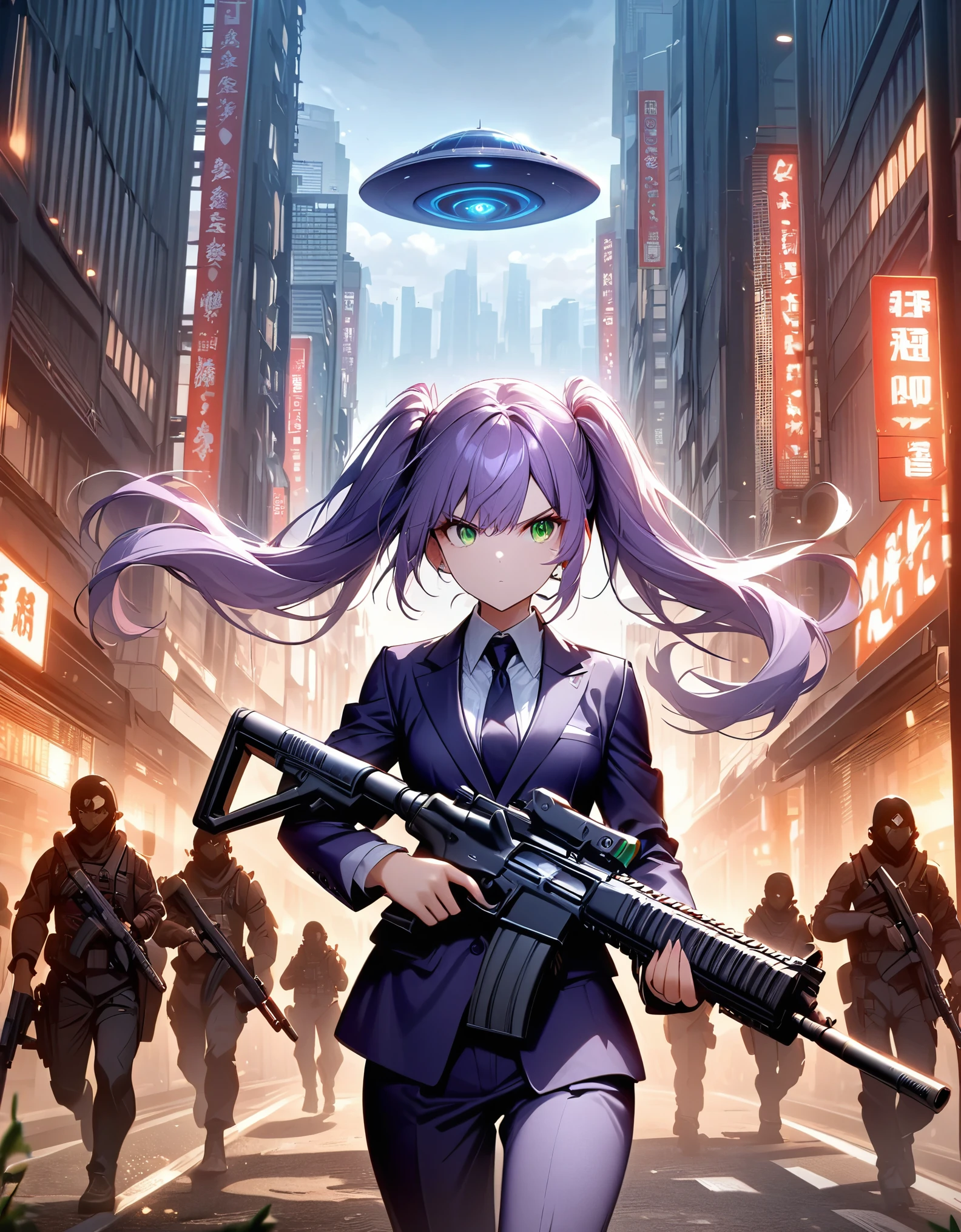 masterpiece, best quality, highres, 1girl, solo, solo focus, purple hair, medium hair, twintails, green eyes, beautiful detailed eyes, beautiful detailed face, cute face, blue earrings. looking away, determined, serious at the ready. dark purple suit and tie, matching pants, slacks, black dress shoes. standing. tokyo city backdrop, outdoors. holding an assault rifle, trigger discipline. (ufo floating at the sky). (ordinary citizens behind her running away for their lives).