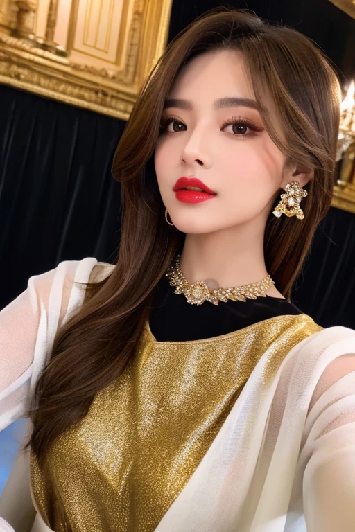 (((Selfie)))、Light brown straight hair、Luxurious and gorgeous、Gold decoration、Red Lip、BREAK、Black necklace、Organza long sleeves、fashionable、Detailed fingers、Detailed Background、Detailed body、looking at the camera、Shooting pose