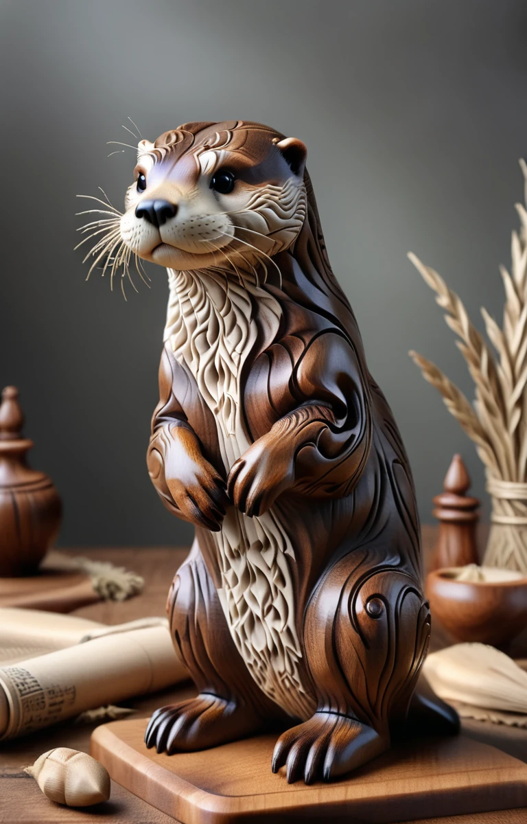 proFessional photography oF wood carving,  Lifelike Otter, detailed, Intricate details, PhD, Ultra HD, potassium, Bokeh, Vignette, 16mm lens, F/2