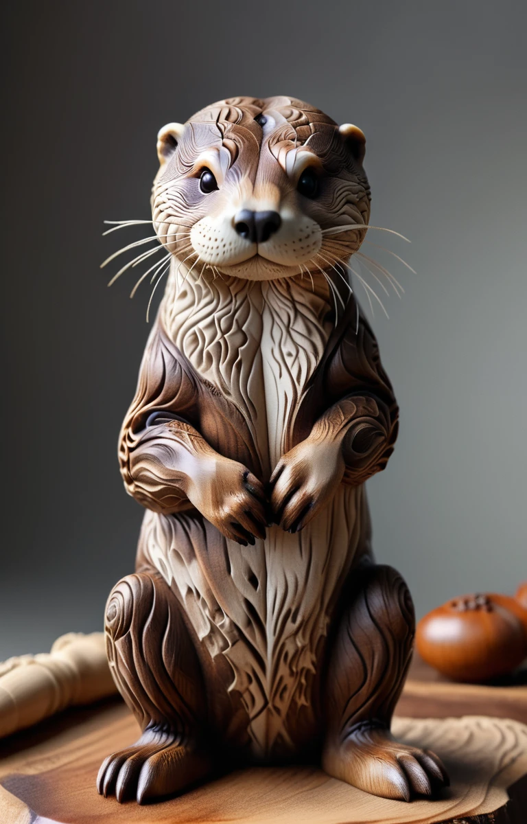 proFessional photography oF wood carving, Lifelike Otter, detailed, Intricate details, PhD, Ultra HD, potassium, Bokeh, Vignette, 16mm lens, F/2