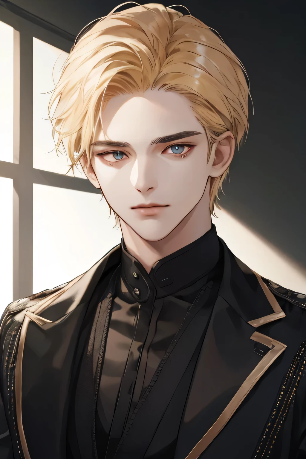 (tmasterpiece, high resolution, ultra - detailed:1.0), 1boy, Perfect male body, Eyes look at the camera, (short golden hair, forehead , Black shirt, black 3-piece-suit,closed mouth, color difference, Depth of field, dramatic shadow, Ray tracing, Best quality, Portrait,Extremely detailed CG, 8k wallpaper, carolina eyes, half body perfect, wearing black sweather